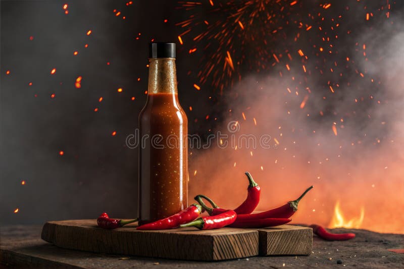Botella de ardiente salsa caliente con pimientos de chile en una pizarra de madera rústica ilustración del vector