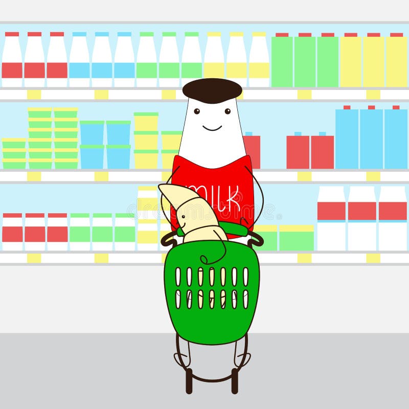 Botella de leche con el cruasán en supermercado libre illustration Botella de leche con el cruasán en supermercado libre illustration