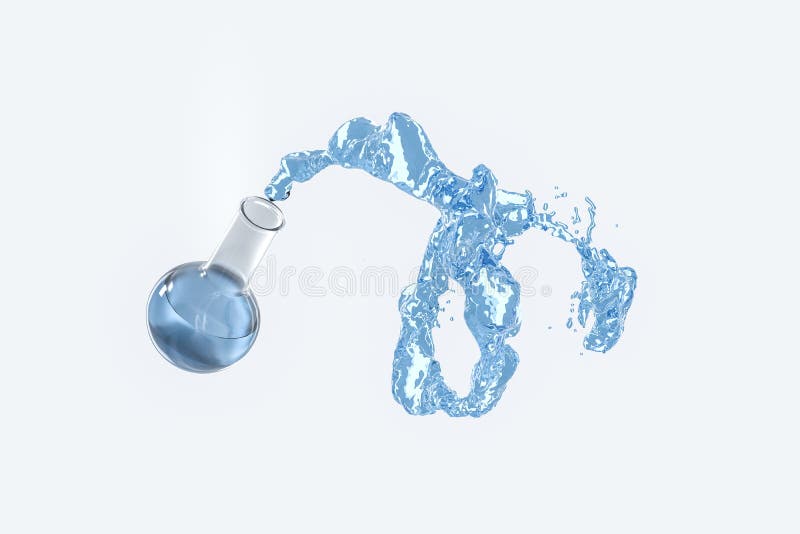 Botella del equipo y líquido químicos el salpicar, representación 3d stock de ilustración Botella del equipo y líquido químicos el salpicar, representación 3d stock de ilustración