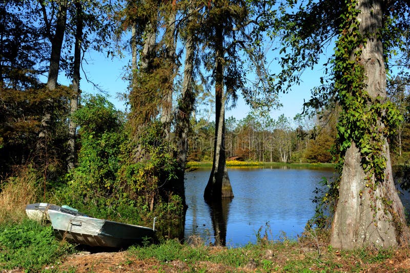 Two boats sit besides a slough in Northern Louisiana. Wildflowers are in bloom at edge of water. Two boats sit besides a slough in Northern Louisiana. Wildflowers are in bloom at edge of water.