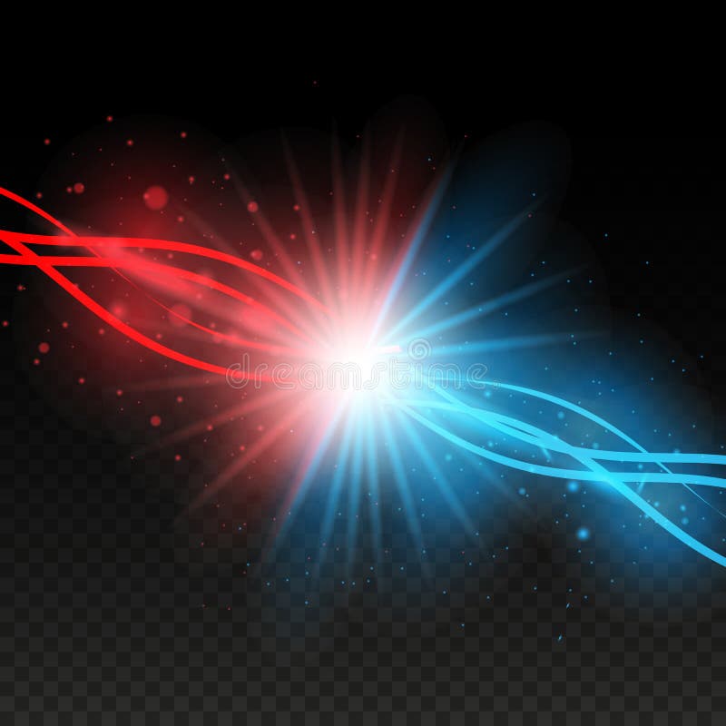Botsing van twee krachten met rode en blauwe lichten Explosieconcept Geïsoleerd op zwarte transparante achtergrond Vector illustr