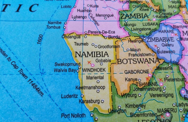 Botswana, Namibia, Zimbabwe country and location on map, macro shot and close-up of Botswana, Namibia, Zimbabwe on map. Botswana political map stock images, royalty-free photos and pictures
