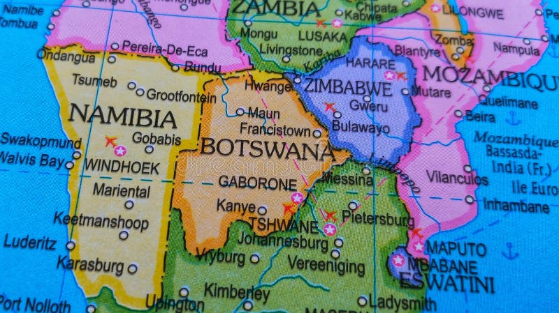 Botswana, Namibia, Zimbabwe country and location on map, macro shot and close-up of Botswana, Namibia, Zimbabwe on map. Botswana political map stock images, royalty-free photos and pictures