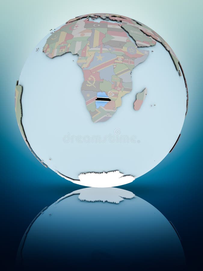 Botswana with national flag on globe reflecting on shiny surface. 3D illustration. Botswana political map stock images, royalty-free photos and pictures