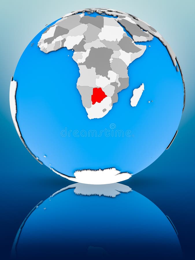 Botswana on globe reflecting on surface. 3D illustration. Botswana political map stock images, royalty-free photos and pictures
