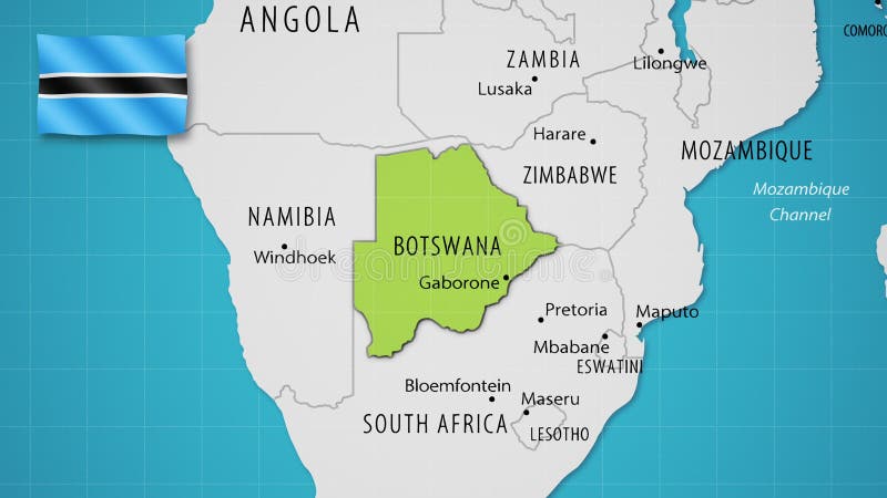 Botswana on the World Map with the country's national flag flying. Botswana political map stock images, royalty-free photos and pictures