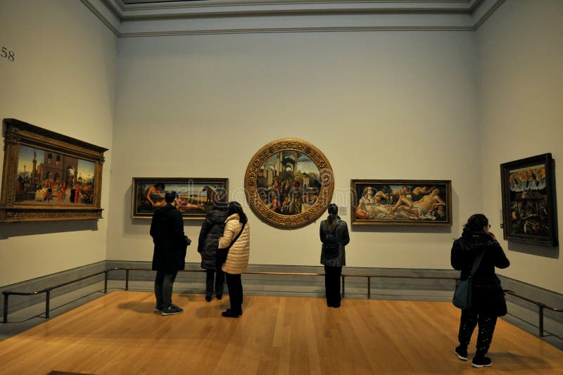 Botticelli paintings in room 58 at the National Gallery Museum in London, England. Visitors admiring Renaissance art. For much of his lifetime, the Florentine Sandro Botticelli, was one of the most celebrated artists in Italy. His gracious female figures, impressive altarpieces and mythological scenes were greatly admired. He worked for the Pope in Rome, and his paintings were sought by patrons as far afield as Spain. Botticelli paintings in room 58 at the National Gallery Museum in London, England. Visitors admiring Renaissance art. For much of his lifetime, the Florentine Sandro Botticelli, was one of the most celebrated artists in Italy. His gracious female figures, impressive altarpieces and mythological scenes were greatly admired. He worked for the Pope in Rome, and his paintings were sought by patrons as far afield as Spain.