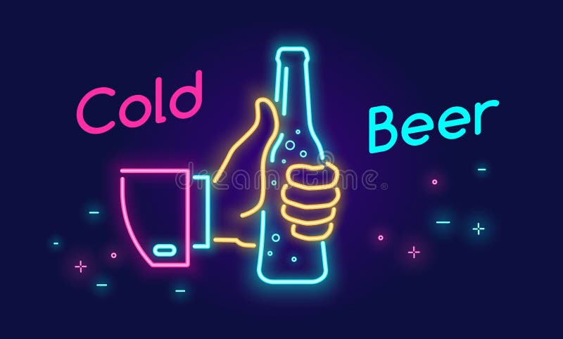 Cold beer bottle and thumbs up symbol icon in neon light style on dark background. Bright vector neon illustration of human hand holds beer bottle with text for website banner template or landing page. Cold beer bottle and thumbs up symbol icon in neon light style on dark background. Bright vector neon illustration of human hand holds beer bottle with text for website banner template or landing page