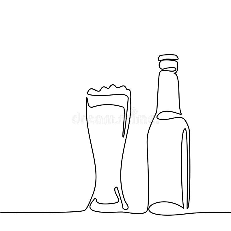 Beer bottle and glass with beer isolated on white background. Continuous line drawing. Vector illustration. Beer bottle and glass with beer isolated on white background. Continuous line drawing. Vector illustration