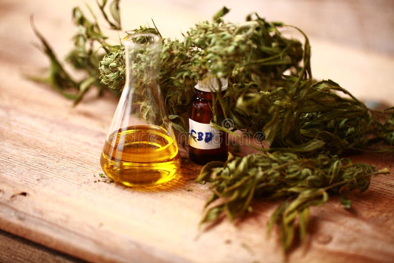 Bottiglia di olio di CBD e cannabis dei prodotti della canapa fotografia stock Bottiglia di olio di CBD e cannabis dei prodotti della canapa fotografia stock