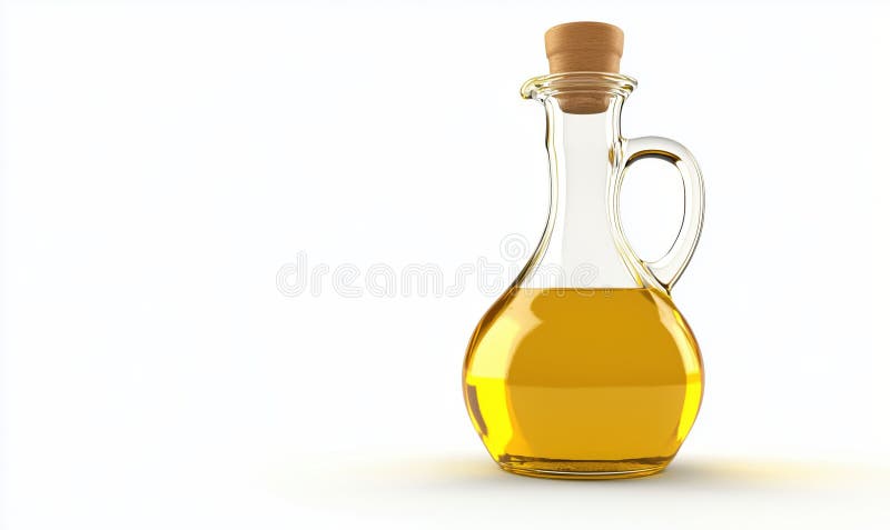 Bottiglia di olio di vetro con tappo di sughero riempito di olio da cucina dorato fotografia stock