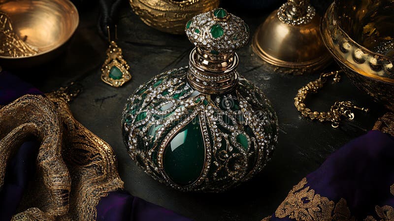 Bottiglia di profumo di orata con intreccio in oro e in verde illustrazione di stock