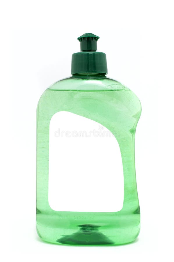 Bottiglia di sapone verde con etichetta vuota isolata su fondo bianco
