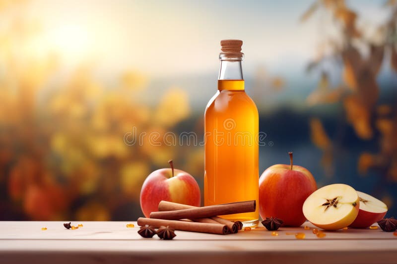 Bottiglia di sidro di mele con cannella bacchetta frutta salutare illustrazione di stock