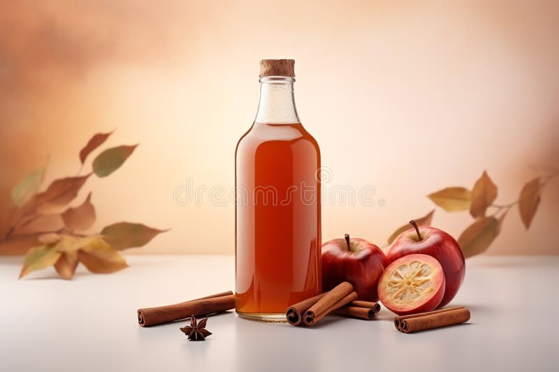 Bottiglia di sidro di mele con cannella bacchetta frutta salutare illustrazione vettoriale
