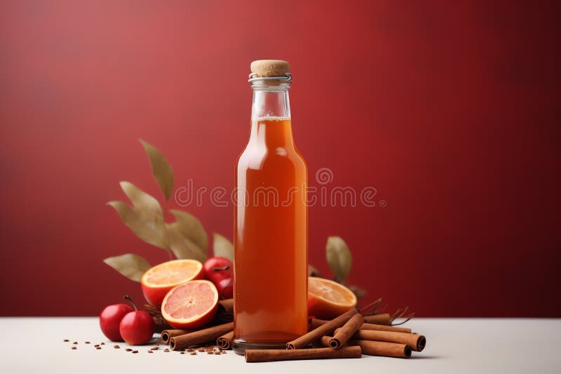 Bottiglia di sidro di mele con cannella bacchetta frutta salutare illustrazione di stock