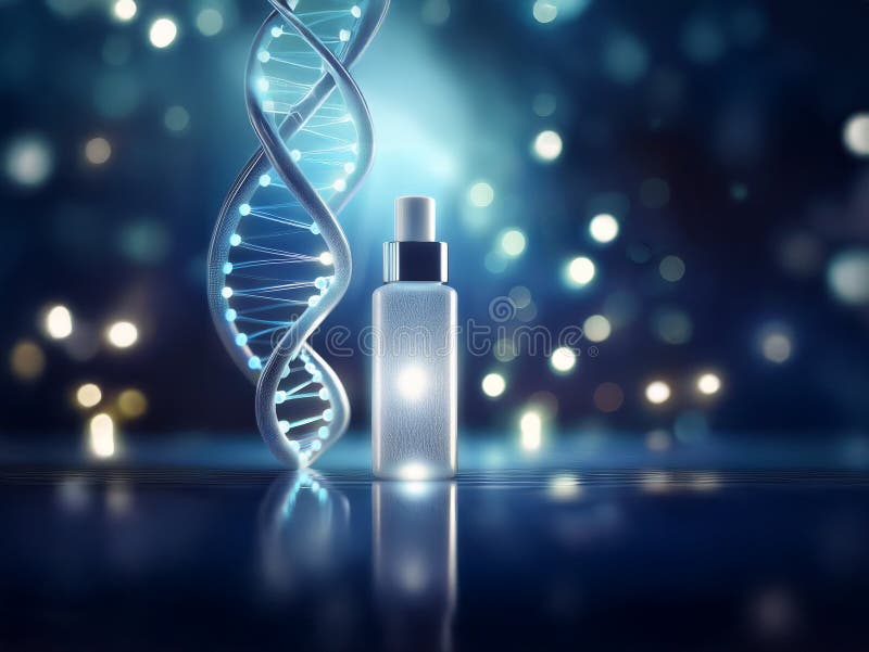 Bottiglia di siero lucente accanto ad elica di dna che riflette su una superficie scura. un'immagine futuristica che suggerisce royalty illustrazione gratis