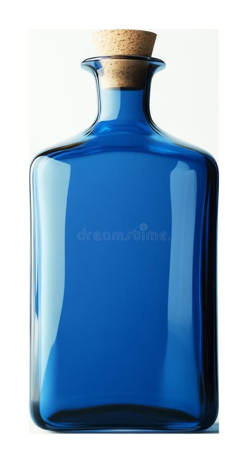 Bottiglia di vetro blu con tappo di sughero su fondo trasparente concetto di progettazione minimalista immagini stock
