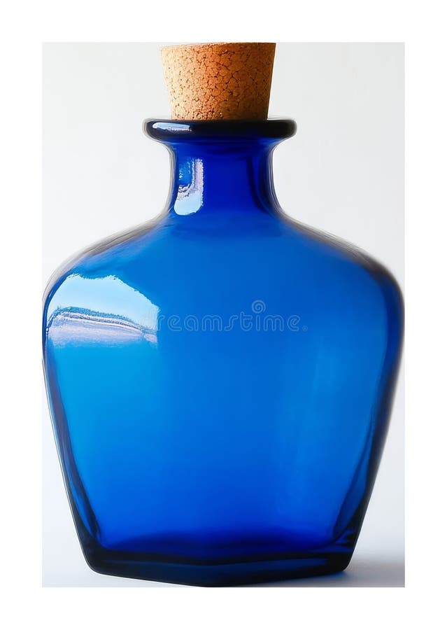 Bottiglia di vetro blu con tappo di sughero su fondo trasparente concetto di progettazione minimalista immagini stock libere da diritti