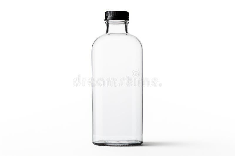 Bottiglia di vetro pulita trasparente con tappo isolato su fondo bianco. modello di simulazione per progettazione. con spazio di c fotografia stock libera da diritti