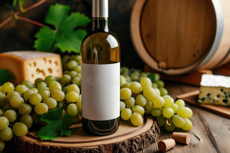 Bottle of white wine with a white label on a background of grapes and cheese. AI generated. Bottle of white wine with a white label on a background of grapes and cheese. AI generated
