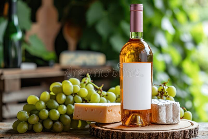 Bottle of white wine with a white label on a background of grapes and cheese. AI generated. Bottle of white wine with a white label on a background of grapes and cheese. AI generated