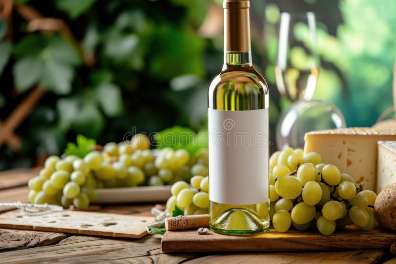 Bottle of white wine with a white label on a background of grapes and cheese. AI generated. Bottle of white wine with a white label on a background of grapes and cheese. AI generated