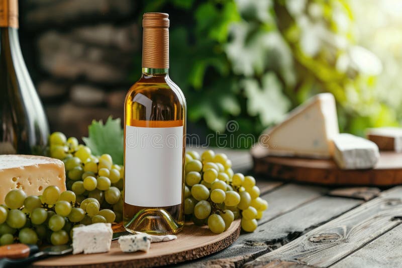 Bottle of white wine with a white label on a background of grapes and cheese. AI generated. Bottle of white wine with a white label on a background of grapes and cheese. AI generated