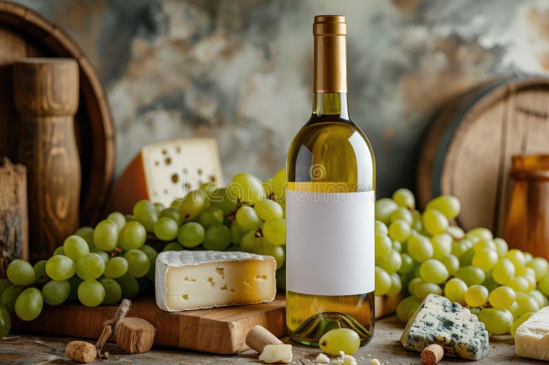 Bottle of white wine with a white label on a background of grapes and cheese. AI generated. Bottle of white wine with a white label on a background of grapes and cheese. AI generated