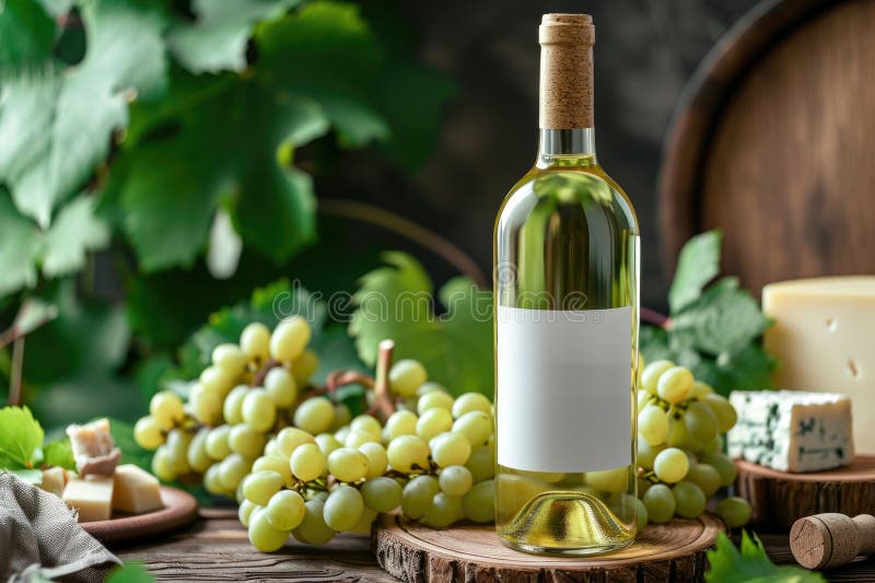 Bottle of white wine with a white label on a background of grapes and cheese. AI generated. Bottle of white wine with a white label on a background of grapes and cheese. AI generated