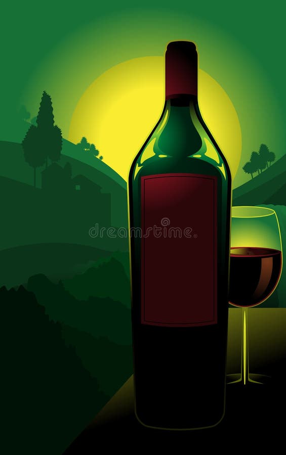 Illustration of bottle of red with with glass; green countryside vineyard in background. Illustration of bottle of red with with glass; green countryside vineyard in background.