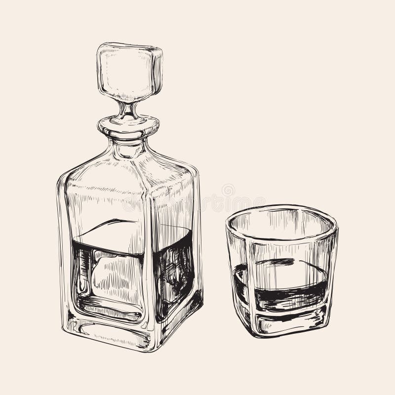 Bottiglia e vetro di whisky Illustrazione disegnata a mano di vettore della bevanda illustrazione vettoriale Bottiglia e vetro di whisky Illustrazione disegnata a mano di vettore della bevanda illustrazione vettoriale