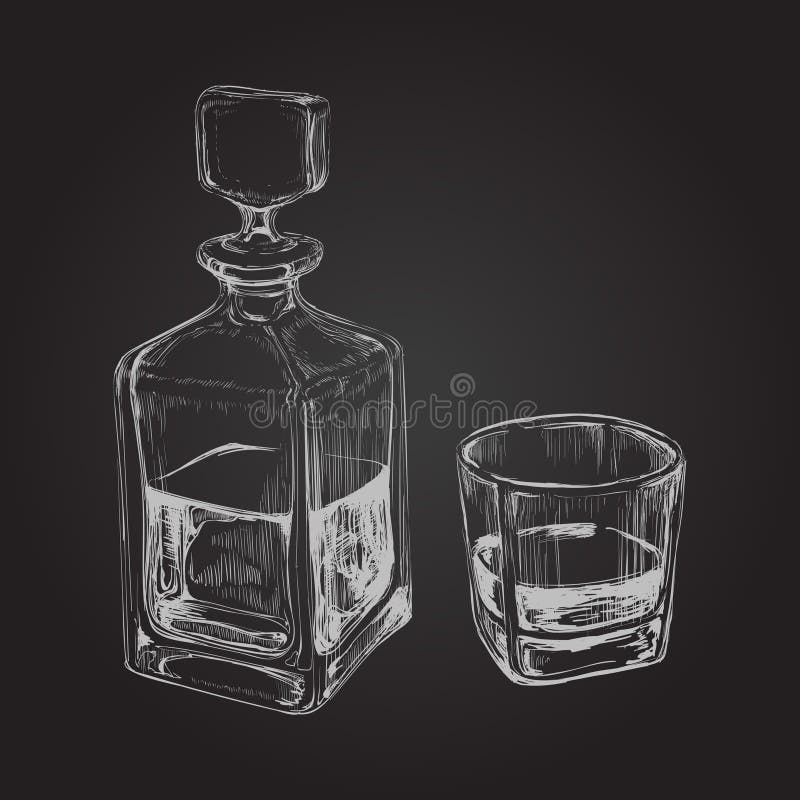 Bottiglia e vetro di whisky Illustrazione disegnata a mano di vettore della bevanda illustrazione di stock Bottiglia e vetro di whisky Illustrazione disegnata a mano di vettore della bevanda illustrazione di stock