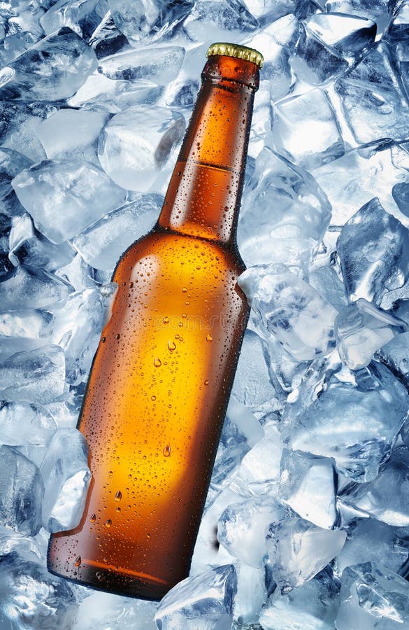 Bottiglia fredda di birra nei cubetti di ghiaccio immagine stock Bottiglia fredda di birra nei cubetti di ghiaccio immagine stock