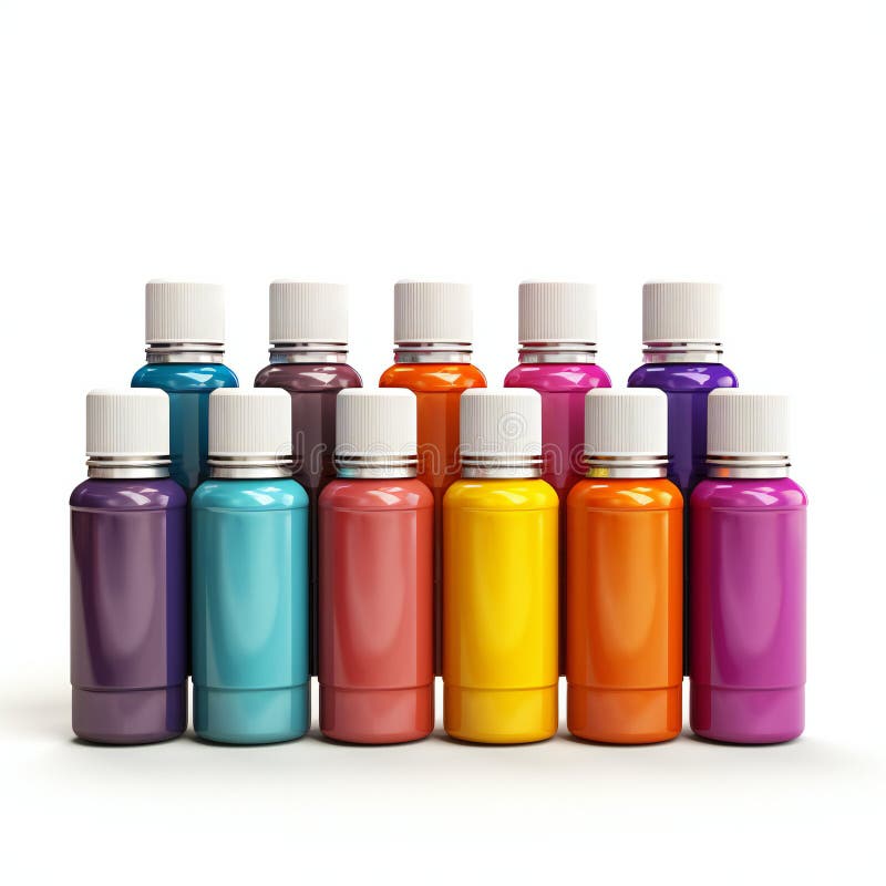 Bottiglie colorate di pittura isolate su fondo bianco illustrazione di stock