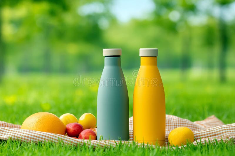 Bottiglie colorate e frutta fresca su una coperta da picnic in un parco verde soleggiato. Immagini di alta qualità prodotte da AI