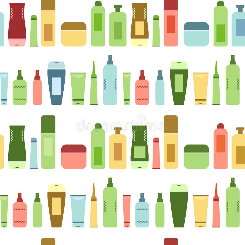 Beauty products colorful cosmetic bottles and tubes on white seamless pattern, vector background. Beauty products colorful cosmetic bottles and tubes on white seamless pattern, vector background