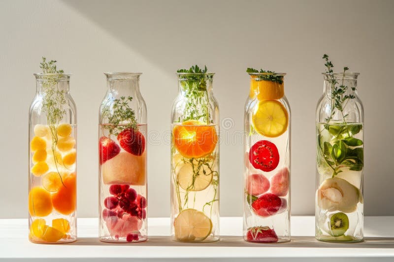 Bottiglie d'acqua piene di frutta colorate in modo chiaro, piene di frutta e di erbe aromatiche sedute su uno scaffale. Ogni fotografia stock