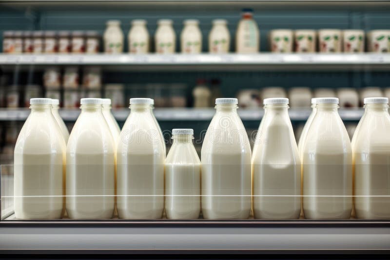 Bottiglie di latte fresco allineate in un supermercato illustrazione di stock