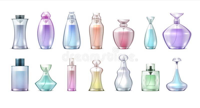 Bottiglie di profumo. vetro trasparente realistico con una raccolta di profumi di fiale di trucco cosmetico elegante. acqua di aro