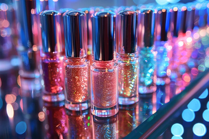 Bottiglie di smalto lucido con riflessi colorati, perfette per la bellezza e gli argomenti glamour. con tecnologia generativa ai. prodotto a base di