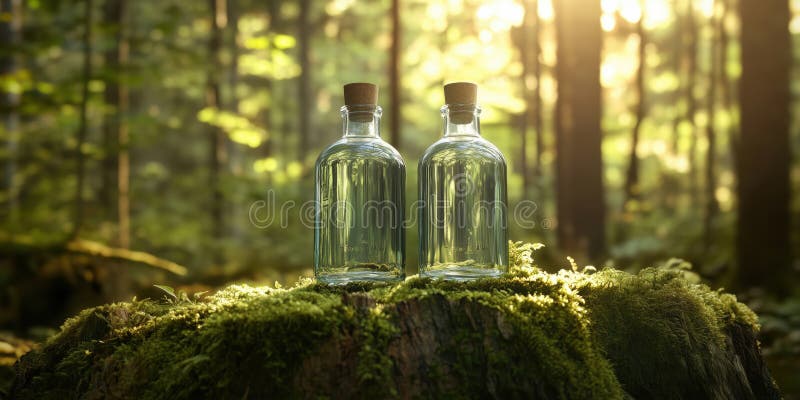Bottiglie di vetro con tappo di sughero su una massa di molle in ambiente solare fotografia stock libera da diritti
