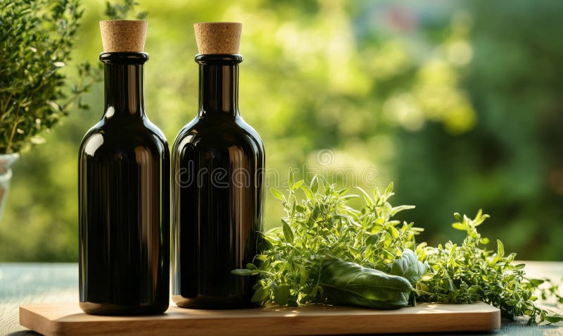 Bottiglie di vetro nero con tappo di sughero accanto a erbe fresche su pannelli di legno fotografie stock