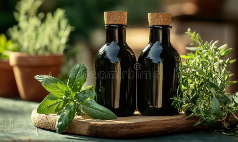 Bottiglie di vetro nero con tappo di sughero circondate da erbe fresche a bordo di legno fotografia stock