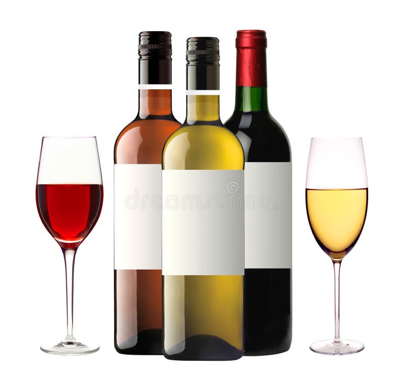 Bottiglie di vino rosso, rosa e bianco e dei bicchieri di vino isolati immagine stock libera da diritti