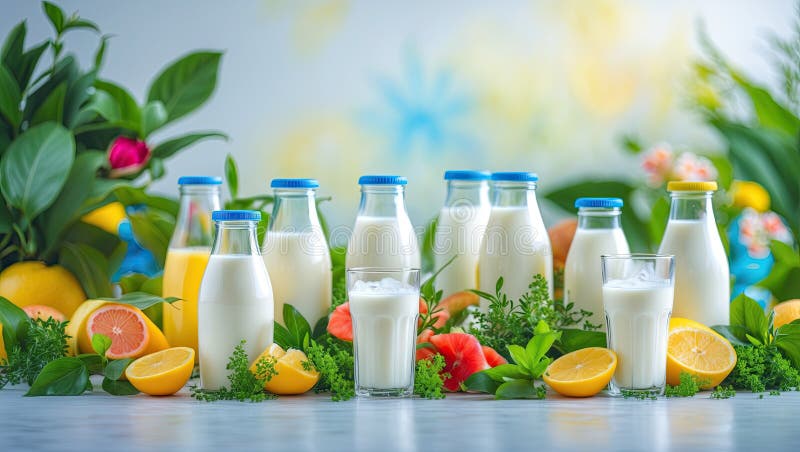 Bottiglie e bicchieri di latte freschi con agrumi vibranti generati dall’IA