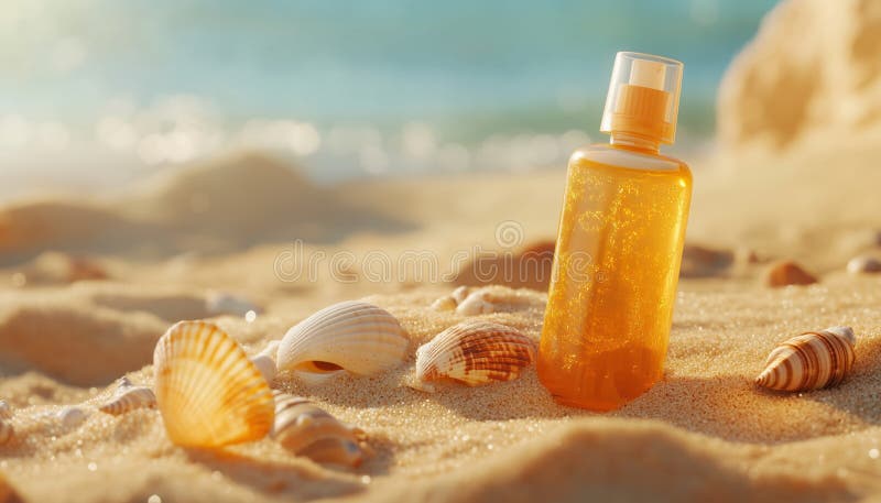 Bottiglietta di protezione solare su sandy Beach con conchiglie di mare un contenitore di protezione solare poggiato su una spiaggia di sabbia ornata da conchiglie di mare sparse che hanno generato