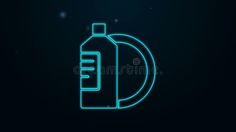 Bottiglietta liquida per lavastoviglie in linea di neon e icona a base di piastra isolata in fondo nero. detersivo liquido per lav royalty illustrazione gratis