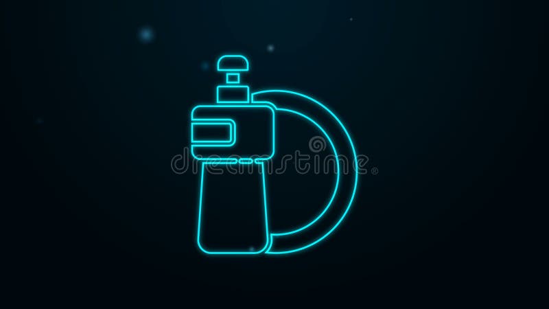 Bottiglietta liquida per lavastoviglie in linea di neon e icona a base di piastra isolata in fondo nero. detersivo liquido per lav illustrazione vettoriale