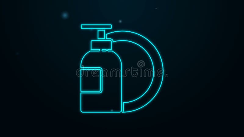Bottiglietta liquida per lavastoviglie in linea di neon e icona a base di piastra isolata in fondo nero. detersivo liquido per lav illustrazione di stock